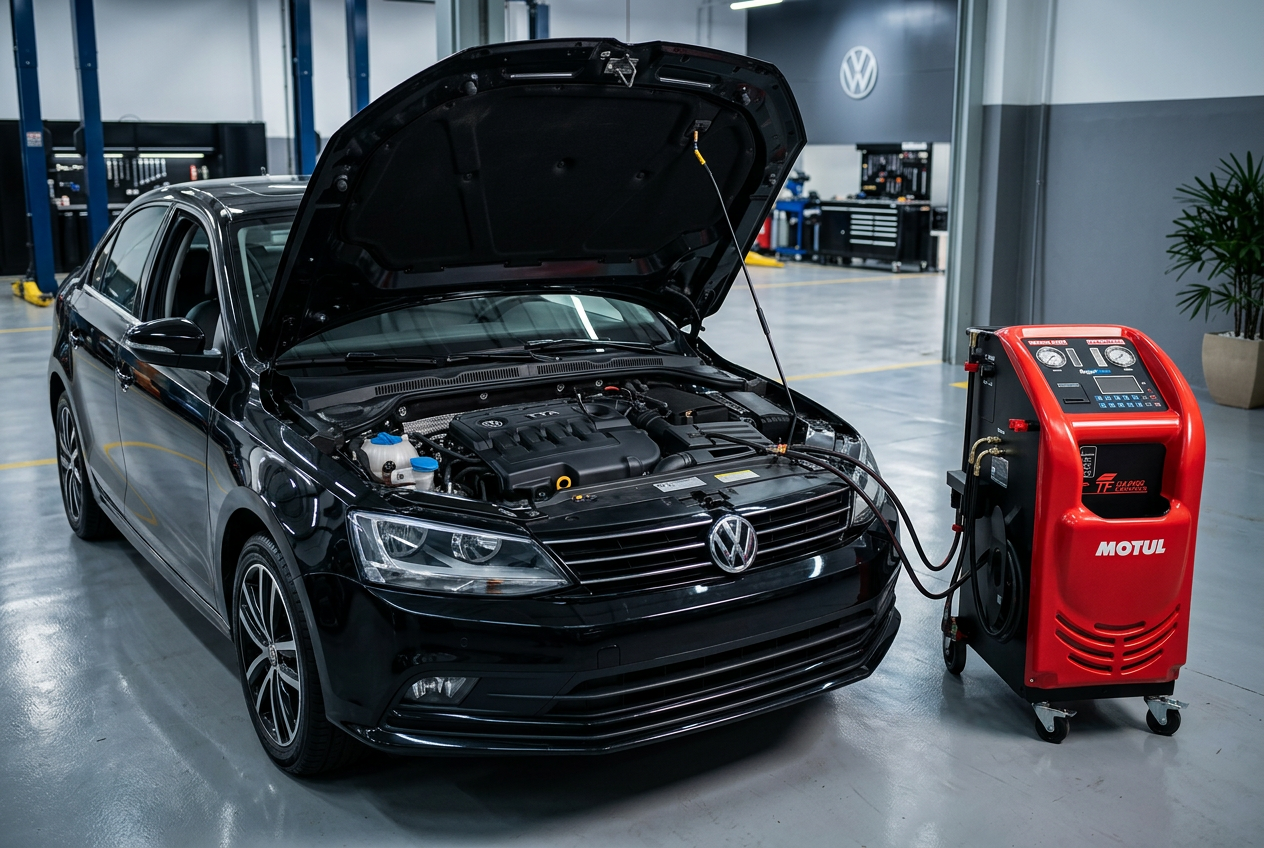 Volkswagen Jetta preto recebendo troca de óleo de câmbio automático por diálise